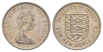 Джерси 10 новых пенсов 1980 герб, Елизавета II (1952-2022) KM 33 медно-никель 4653-1021