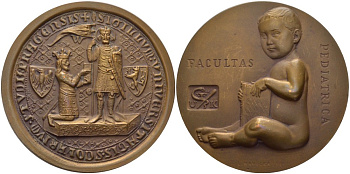 ЧЕХОСЛОВАКИЯ МЕДАЛЬ ND КАРЛОВ УНИВЕРСИТЕТ В ПРАГЕ, ФАКУЛЬТЕТ ПЕДИАТРИИ, МЕДАЛЬЕР L. HAVELKA, ДИАМЕТР 65 ММ. бронза 1089-6-42