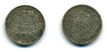 ГЕРМАНИЯ 1/2 МАРКИ 1906 A J.16 серебро 54-564