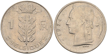 Бельгия 1 франк 1974 Belgique, Бодуэн I (1951-1993) KM 142.1 медно-никель 4175-325