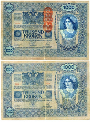 АВСТРИЯ 1000 КРОН 1919 КРАСНАЯ ВЕРТИКАЛЬНАЯ НАДПЕЧАТКА НА 1902 Pick 59 бумага 7146-17-2-1