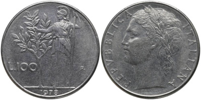 ИТАЛИЯ 100 ЛИР 1978 R, АФИНА KM 96.1 нержавеющая сталь 109-445