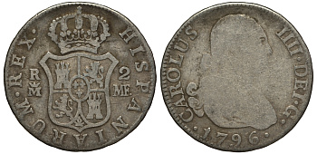 Испания 2 реала 1796 MF, мондвор (Мадрид), Карлос IIII (1788-1808) KM 430.1 (C69.1) серебро 650-934