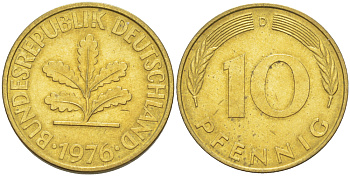 ФРГ 10 ПФЕННИГОВ 1976 D KM 108, J. 383 сталь плакированная латунью 4182-845