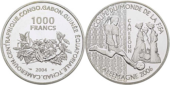 Центрально-Африканские Штаты 1000 франков 2004 чемпионат мира по футболу в Германии FIFA Камерун, 2006 KM 23 серебро PROOF 01-168-12