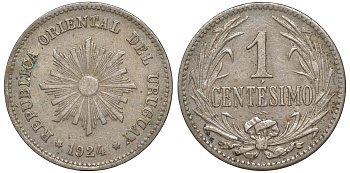 Уругвай 1 сентесимо 1924 KM 19 медно-никель 4181-1143
