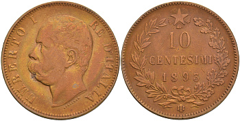 ИТАЛИЯ 10 ЧЕНТИЗИМО 1893 B/I, УМБЕРТО I (1878-1900) KM 27.1 медь 4557-1122