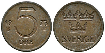 Швеция 5 эре 1973 U, Густав VI Адольф (1950-1973) KM 245 бронза 176-637