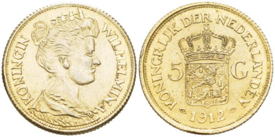 НИДЕРЛАНДЫ 5 ГУЛЬДЕНОВ 1912 КОПИЯ жёлтый металл 218-861