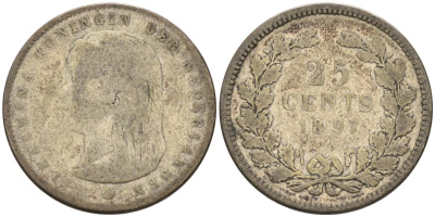 Нидерланды 25 центов 1897 Вильгельмина (1890-1948) KM 115 серебро 4576-762
