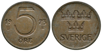 Швеция 5 эре 1973 U, Густав VI Адольф (1950-1973) KM 245 бронза 176-637