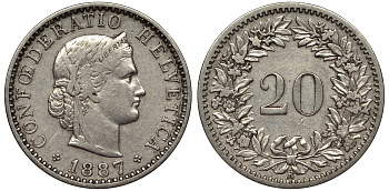 ШВЕЙЦАРИЯ 20 РАППЕНОВ 1887 KM 29 медно-никель 441-1234
