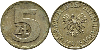Польша 5 злотых 1976 монетный двор Ленинград (ЛМД) KM 81.1, Parchimowicz 221b латунь 4391-1216