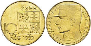 ЧЕШСКАЯ И СЛОВАЦКАЯ ФЕДЕРАТИВНАЯ РЕСПУБЛИКА 10 КРОН 1991 ЧСФР, МИЛАН ШТЕФАНИК (1880-1919) KM 153 никель бронза 1087-10-13