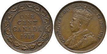 Канада 1 цент 1918 Георг V (1910-1936), большой формат KM 21 бронза 34-634