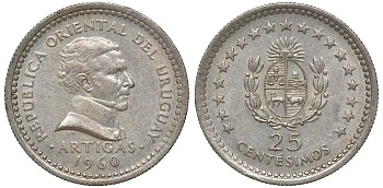 Уругвай 25 сентесимо 1960 KM 40 медно-никель 4169-1029