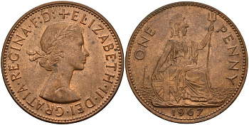 Великобритания 1 пенни 1967 Елизавета II (1952-2022) KM 897, Spink 4157 бронза UNC 4149-1145