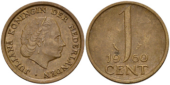 Нидерланды 1 цент 1960 Юлиана (1949-1980) KM 180 бронза    4598-216