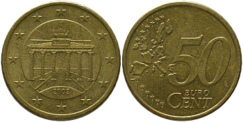 Германия 50 евроцентов 2002 J, Бранденбургские ворота KM 212 нордик 4573-816