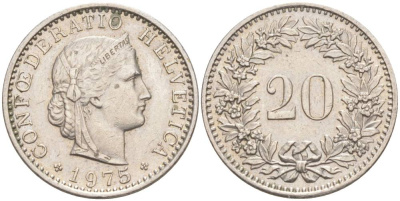 Швейцария 20 раппенов 1975 KM 29a медно-никель 55-941