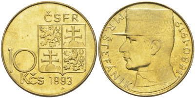 ЧЕШСКАЯ И СЛОВАЦКАЯ ФЕДЕРАТИВНАЯ РЕСПУБЛИКА 10 КРОН 1991 ЧСФР, МИЛАН ШТЕФАНИК (1880-1919) KM 153 никель бронза 1087-10-13