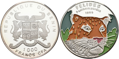 Бенин 1000 франков 1996 леопард, цветная эмаль KM 19 серебро PROOF 01-076-35