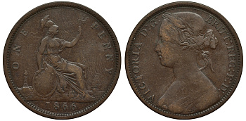 Великобритания 1 пенни 1866 Виктория (1837-1901) KM 749.2, Spink 3954 бронза 1524-531