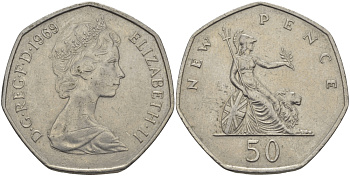 Великобритания 50 пенсов 1969 Елизавета II (1952-2022) KM 913, Spink 4223 (H1) медно-никель 97-1122