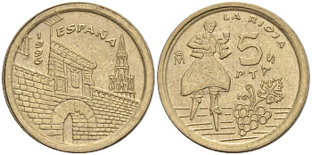 Испания 5 песет 1996 Хуан Карлос I (1975-2014), Риоха (La Rioja) KM 960 алюминиевая бронза 4154-537