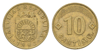 Латвия 10 сантимов 1992 KM 17 никель латунь 105-753