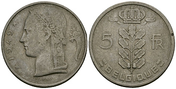 Бельгия 5 франков 1949 Леопольд III (1934-1950), Belgique KM 134.1 медно-никель 4172-542