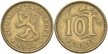 ФИНЛЯНДИЯ 10 ПЕННИ 1964 S KM 46 алюминиевая бронза 192-257