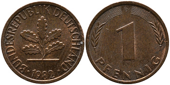 ФРГ 1 ПФЕННИГ 1982 D KM 105, J.380 сталь плакированная медью 96-1116