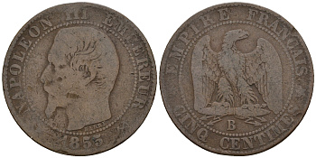 Франция 5 сантимов 1853 B, Наполеон III (1852-1870) KM 777.2, LE FRANC 116.2 бронза 4606-936