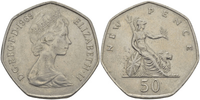 Великобритания 50 пенсов 1969 Елизавета II (1952-2022) KM 913, Spink 4223 (H1) медно-никель 97-1122