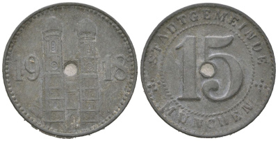 Мюнхен 15 пфеннигов 1918 Funck 348.1A, Men18 22407.1 цинк 4124-468