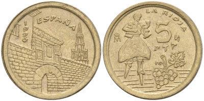 Испания 5 песет 1996 Хуан Карлос I (1975-2014), Риоха (La Rioja) KM 960 алюминиевая бронза 4154-537