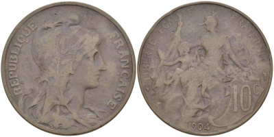 ФРАНЦИЯ 10 САНТИМОВ 1904 ТИП ДАНИЭЛЬ ДЮПЮИ KM 843, LA FRANC 136.14 бронза 4183-1215