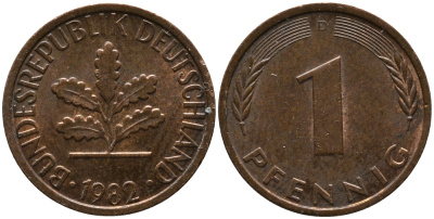 ФРГ 1 ПФЕННИГ 1982 D KM 105, J.380 сталь плакированная медью 96-1116