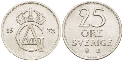 Швеция 25 эре 1973 U, Густав VI Адольф (1950-1973) KM 836 медно-никель 4516-467