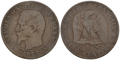 Франция 5 сантимов 1853 B, Наполеон III (1852-1870) KM 777.2, LE FRANC 116.2 бронза 4606-936