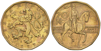 Чехия 20 крон 1999 b’, чешский лев, герцог Вацлав на коне KM 5 сталь плакированная латунью aUNC 4591-112