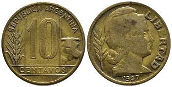 Аргентина 10 сентаво 1947 голова Свободы вправо KM 41 алюминиевая бронза 4528-243