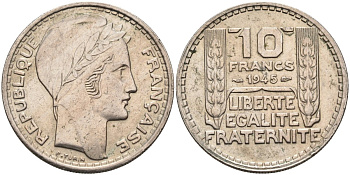 Франция 10 франков 1945 тип Пьер Турин, Grosse Tete (RL) KM 908.1, Le Franc 361.2 медно-никель 81-1122