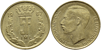 ЛЮКСЕМБУРГ 5 ФРАНКОВ 1987 БОЛЬШАЯ КОРОНА KM 60.2 латунь 4397-514