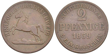 БРАУНШВЕЙГ-ВОЛЬФЕНБЮТТЕЛЬ 2 ПФЕННИГА 1859 ВИЛЬГЕЛЬМ (1831-1884) KM 1155 медь 210-211