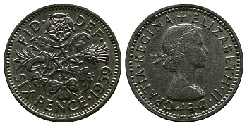 Великобритания 6 пенсов 1959 Елизавета II (1952-2022) KM 903, Spink 4149 медно-никель 4381-722