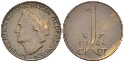 НИДЕРЛАНДЫ 1 ЦЕНТ 1948 ВИЛЬГЕЛЬМИНА (1890-1948) KM 107 бронза 214-1018