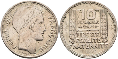 Франция 10 франков 1945 тип Пьер Турин, Grosse Tete (RL) KM 908.1, Le Franc 361.2 медно-никель 81-1122