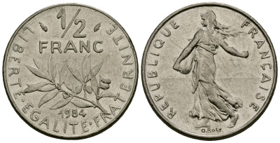 Франция 1/2 франка 1984 сеятель KM 931 никель 4135-725